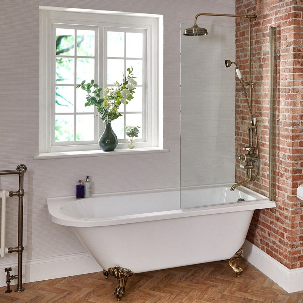 Milano Legend - White Traditional Freestanding Corner Shower Bath with Brushed Gold Feet and Screen - 1685mm x 750mm - Left/Right Hand Options