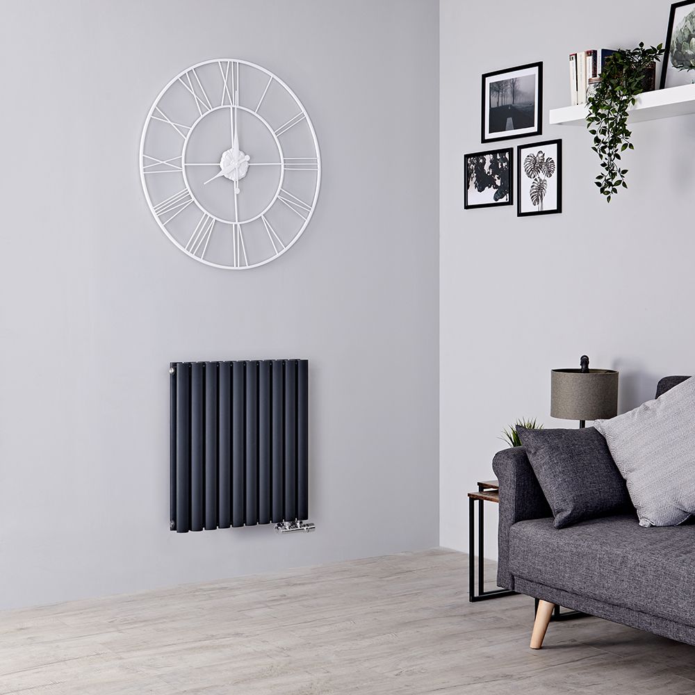 Milano Aruba Flow - Anthracite Horizontal Side Connection Designer Radiator - 635mm x 590mm (Double Panel)