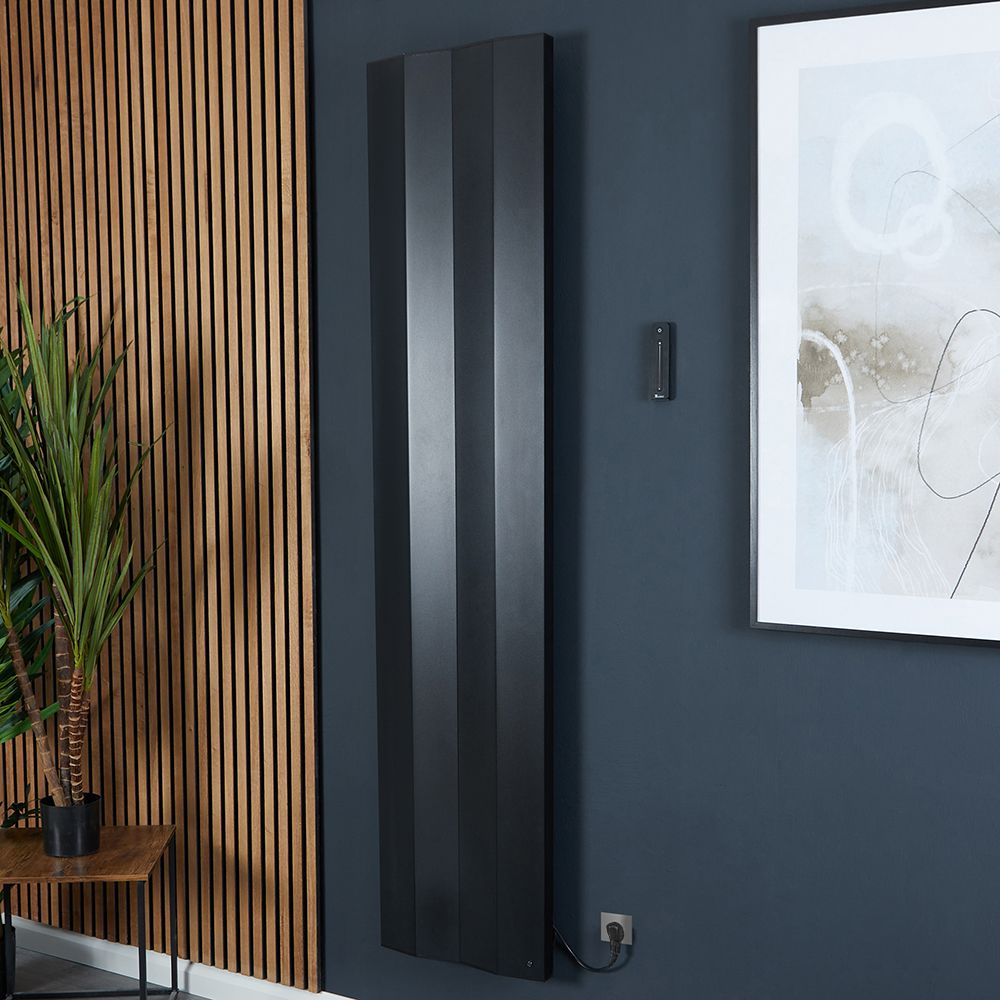 Milano Notus V - Black Aluminium Vertical 1200W Electric Plug-In Designer Radiator - 1800mm x 400mm