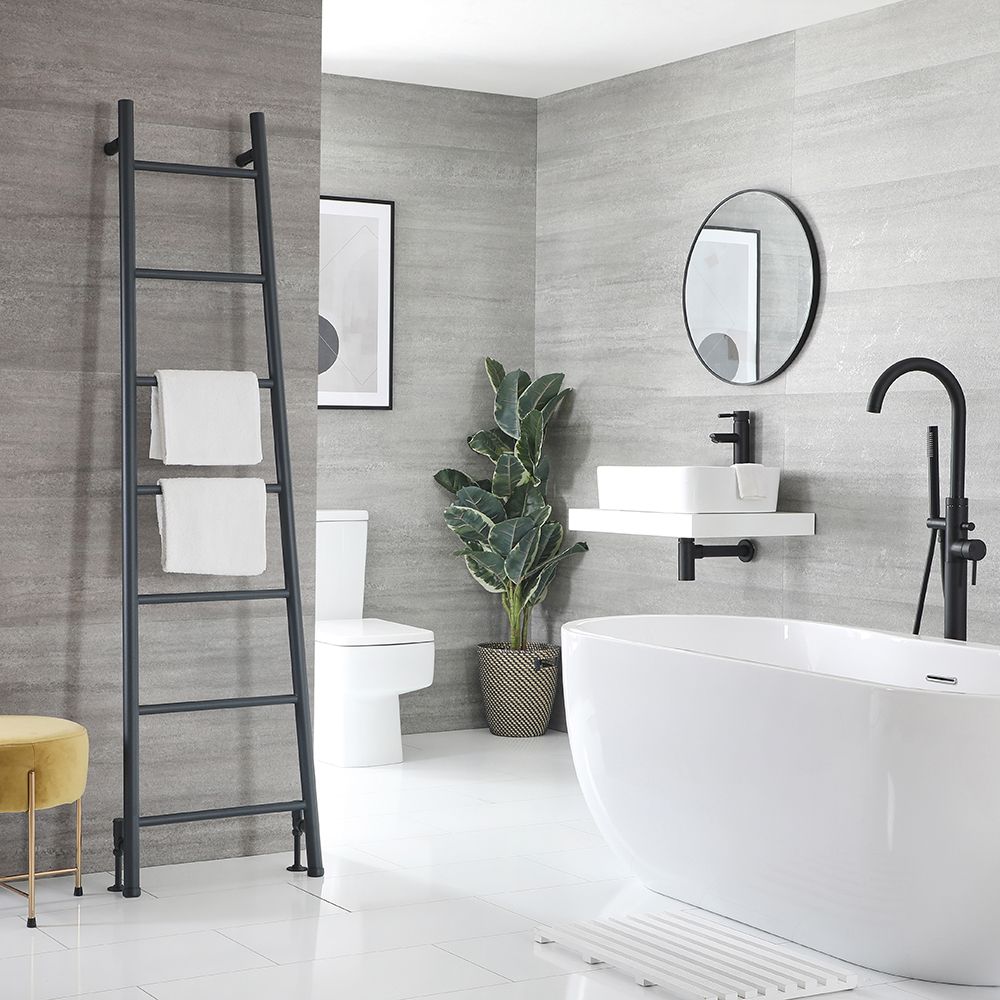 Milano Indus - Anthracite Floor-Standing Ladder Heated Towel Rail - 1800mm x 500mm