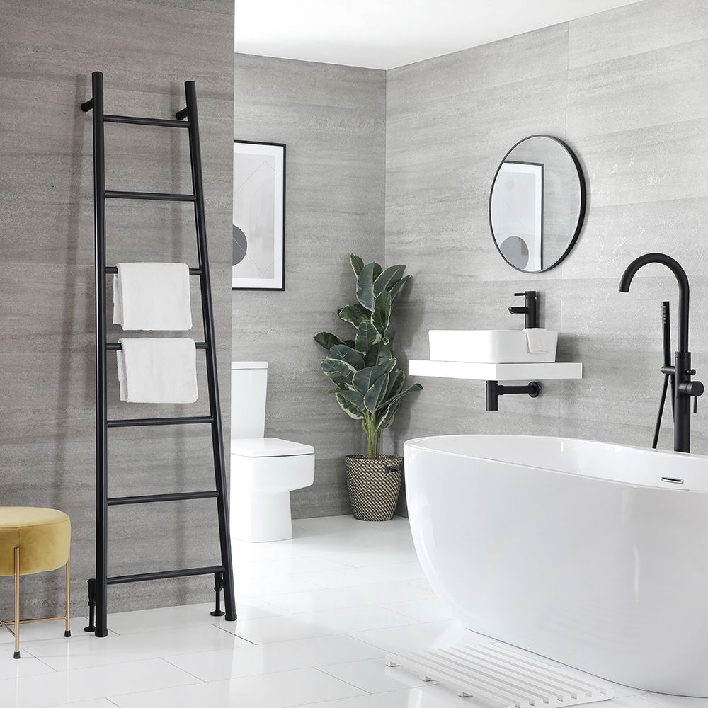 Milano Indus - Black Floor-Standing Ladder Heated Towel Rail - 1800mm x 500mm