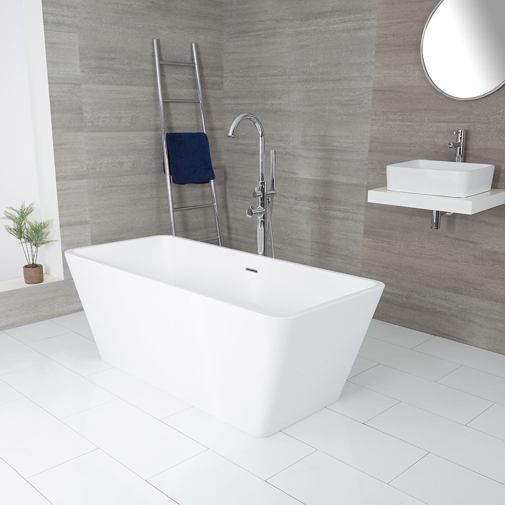 Milano Elswick - White Modern Square Double-Ended Freestanding Bath - 1615mm x 720mm