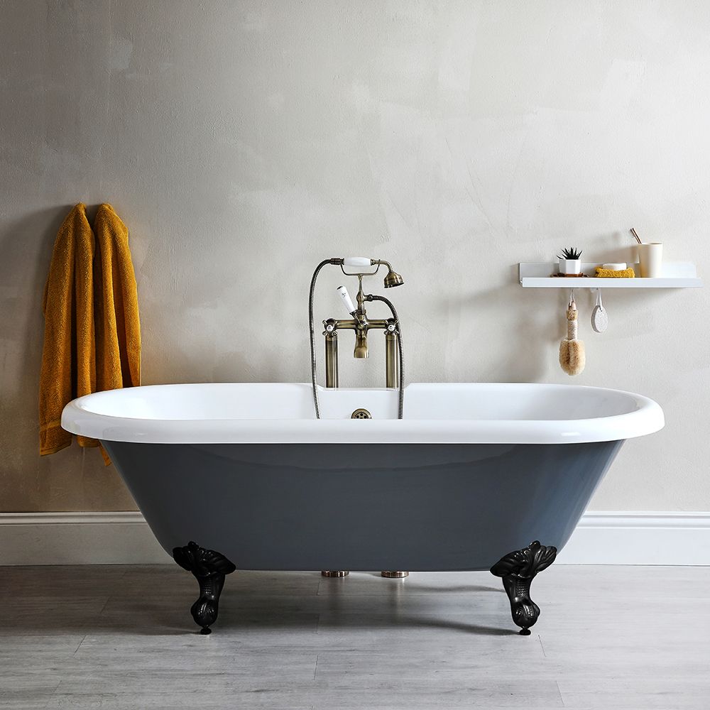 Milano Hest - Stone Grey Traditional Double-Ended Freestanding Bath with Black Feet - 1795mm x 785mm (No Tap-Holes)