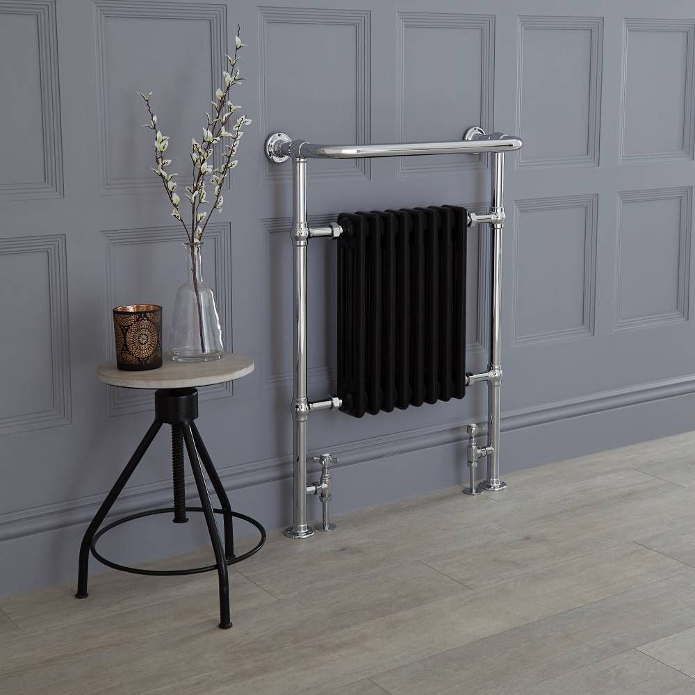 Milano Elizabeth - Black and Chrome Traditional Heated Towel Rail - 960mm x 675mm (With Overhanging Rail)