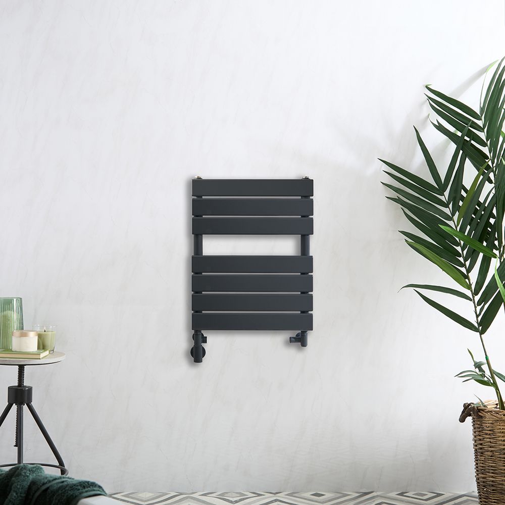 Milano Lustro Dual Fuel - Designer Anthracite Flat Panel Heated Towel Rail - 600mm x 400mm