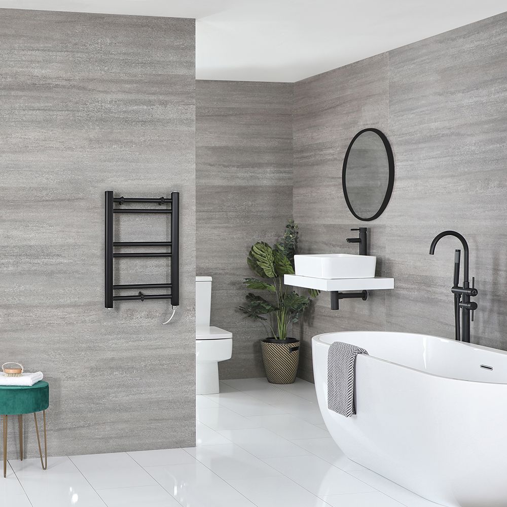 Milano Nero Electric - Black Straight Heated Towel Rail - 600mm x 400mm