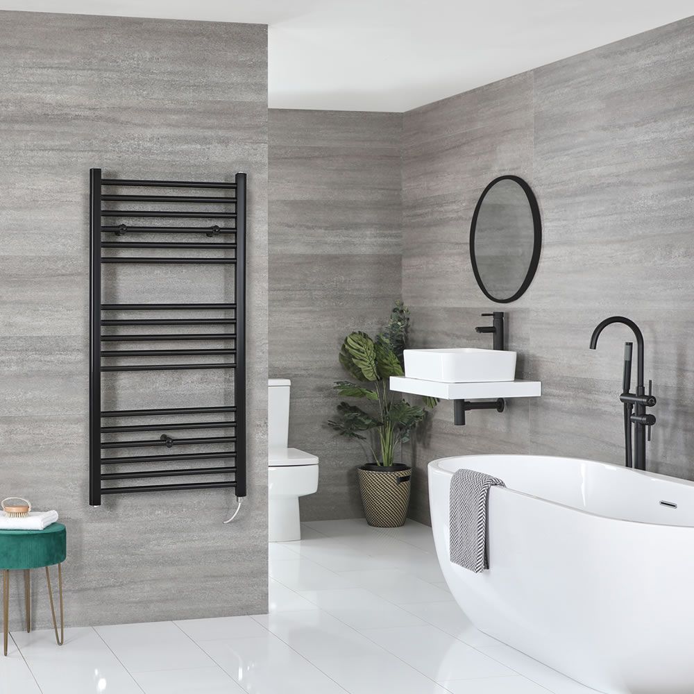 Milano Nero Electric - Black Straight Heated Towel Rail - 1200mm x 600mm