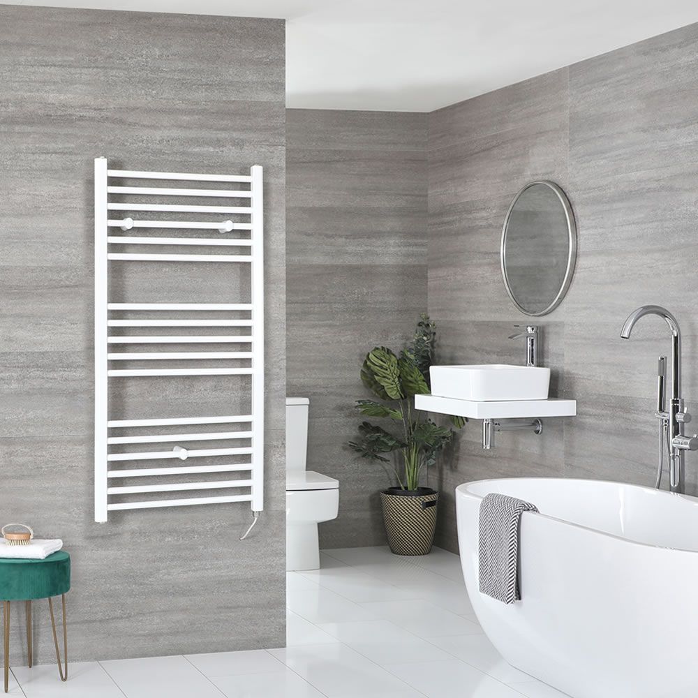 Milano Ive Electric - White Straight Heated Towel Rail - 1200mm x 600mm