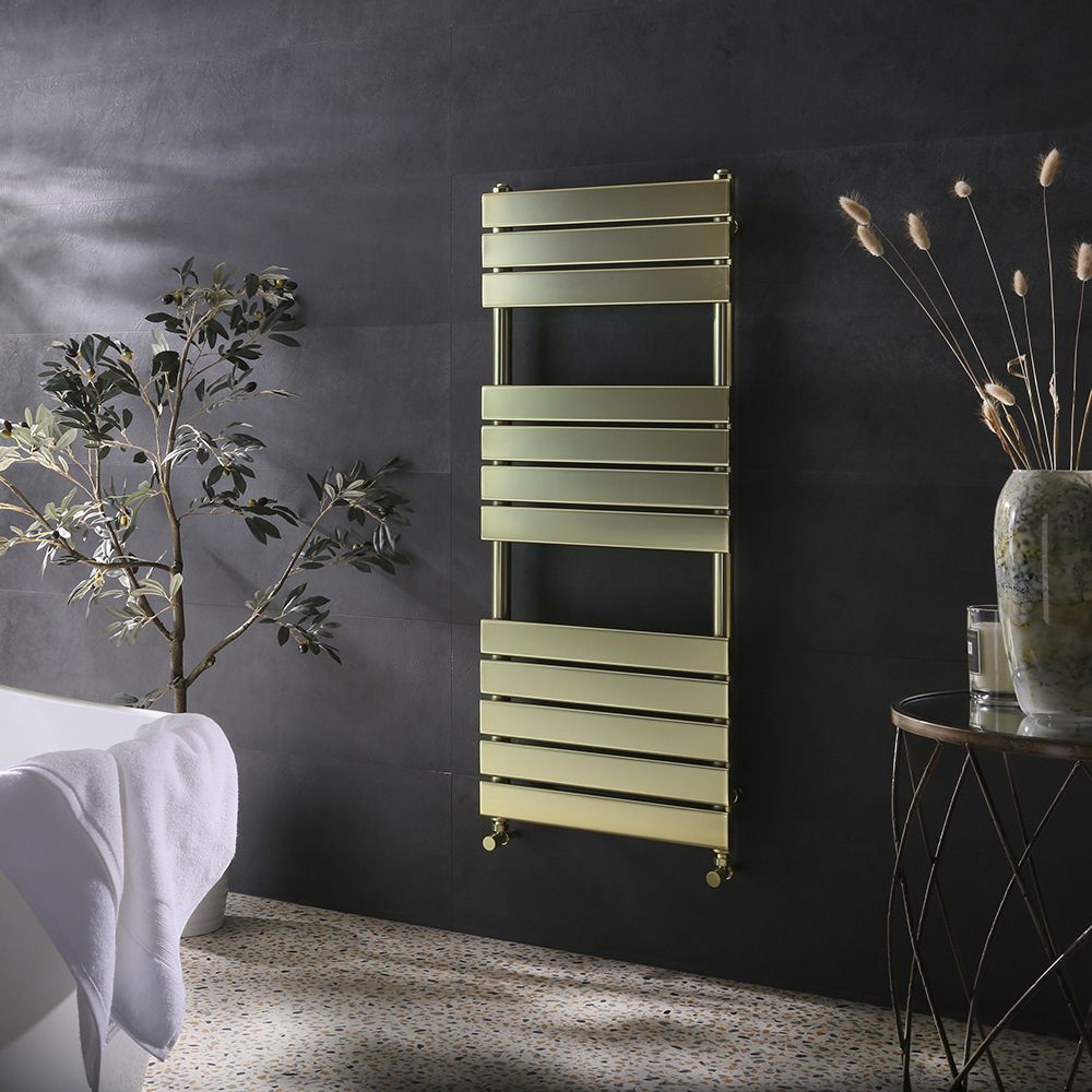 Milano Lustro - Designer Brushed Brass Flat Panel Heated Towel Rail - 1200mm x 500mm
