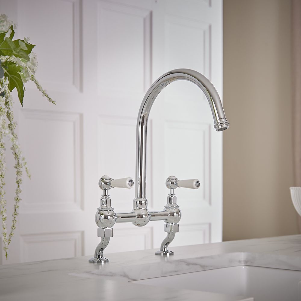 Milano Elizabeth - Traditional Cranked Bridge Kitchen Mixer Tap - Chrome and White