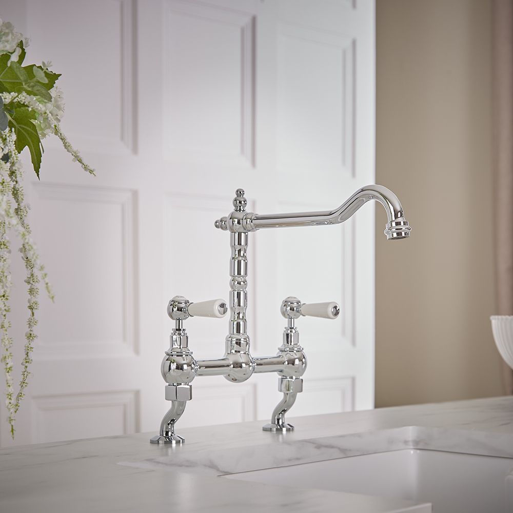 Milano Elizabeth - Classic Cranked Bridge Kitchen Mixer Tap - Chrome and White