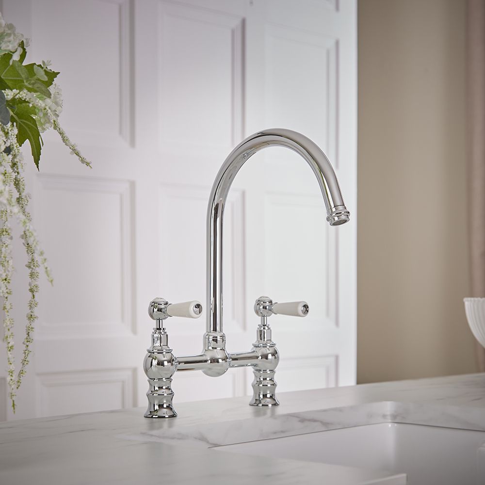 Milano Elizabeth - Traditional Bridge Kitchen Mixer Tap - Chrome and White