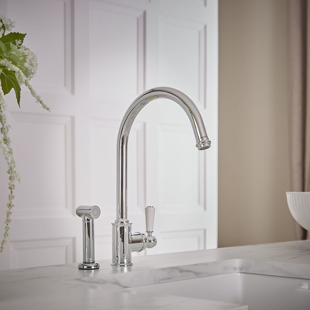 Milano Elizabeth - Single Lever Traditional Kitchen Mixer Tap with Pull Out Spray - Chrome and White