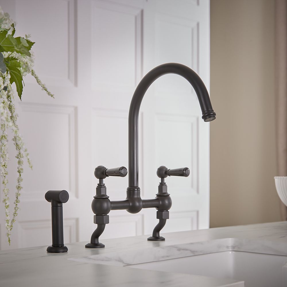 Milano Elizabeth - Traditional Cranked Bridge Kitchen Mixer Tap with Pull-Out Spray - Black