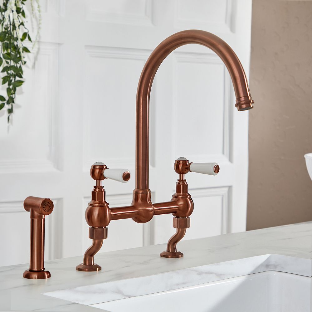 Milano Elizabeth - Traditional Cranked Bridge Kitchen Mixer Tap with Pull-Out Spray - Brushed Copper