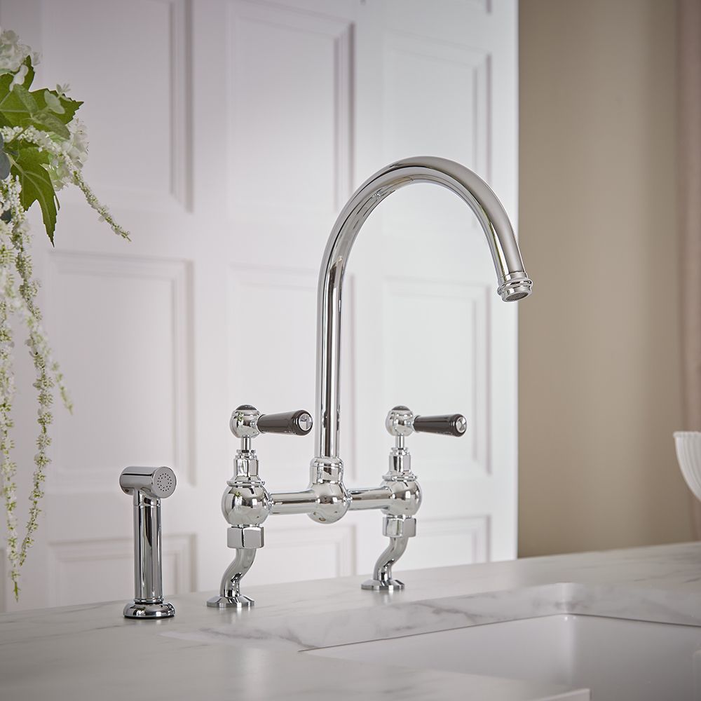Milano Elizabeth - Traditional Cranked Bridge Kitchen Mixer Tap with Pull-Out Spray - Chrome and Black