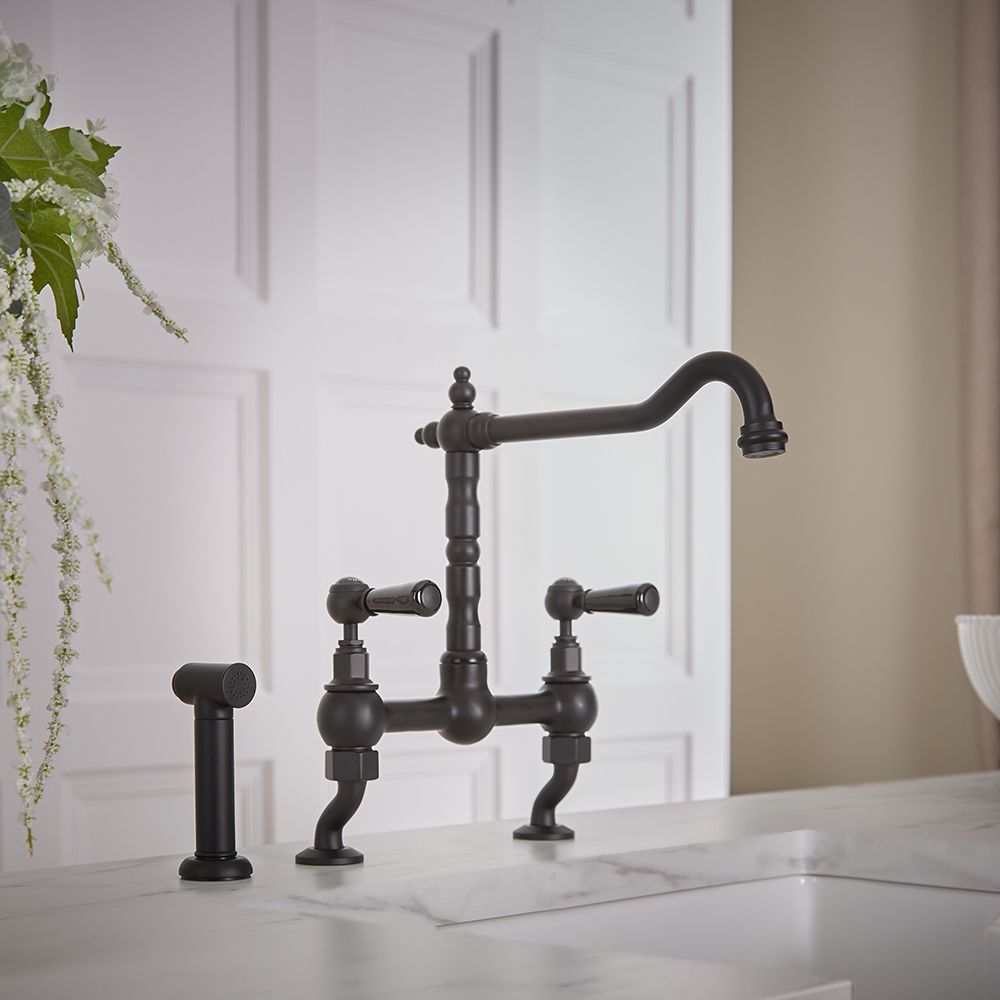 Milano Elizabeth - Classic Cranked Bridge Kitchen Mixer Tap with Pull-Out Spray - Black