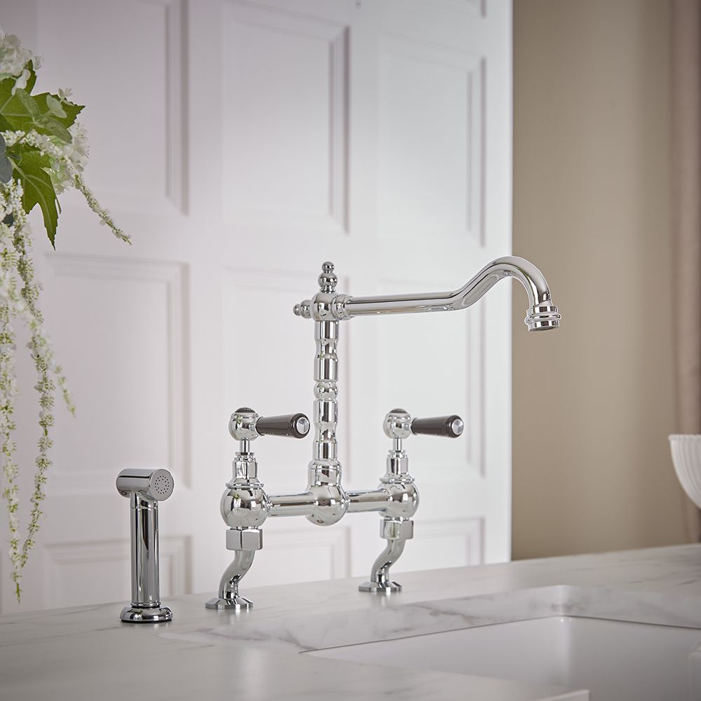 Milano Elizabeth - Classic Cranked Bridge Kitchen Mixer Tap with Pull-Out Spray - Chrome and Black