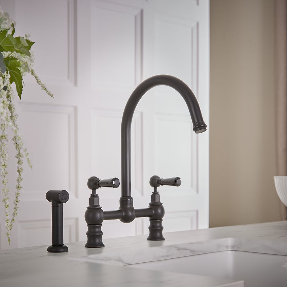 Milano Elizabeth - Traditional Bridge Kitchen Mixer Tap with Pull-Out Spray - Black