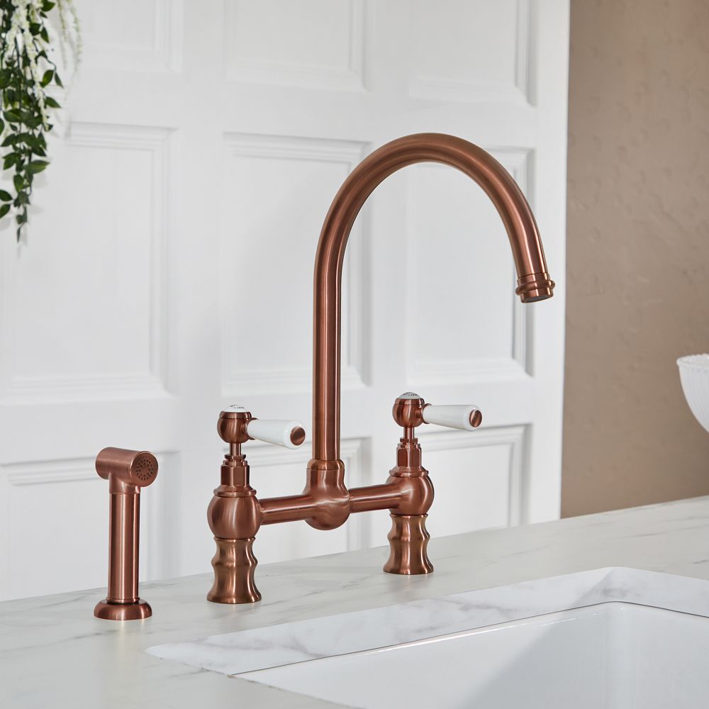 Milano Elizabeth - Traditional Bridge Kitchen Mixer Tap with Pull-Out Spray - Brushed Copper