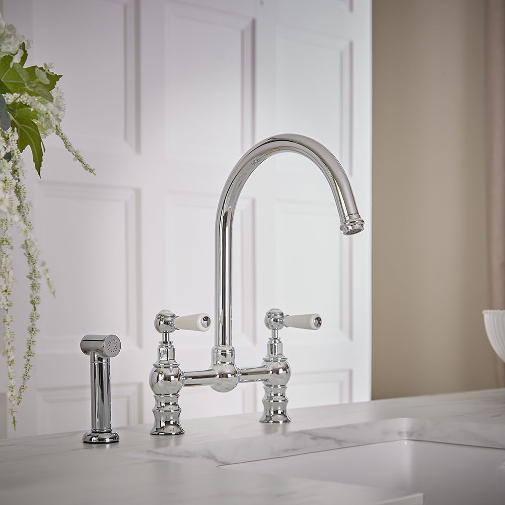 Milano Elizabeth - Traditional Bridge Kitchen Mixer Tap with Pull-Out Spray - Chrome and White
