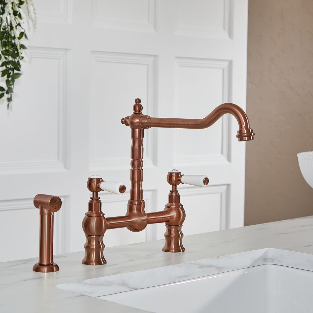 Milano Elizabeth - Classic Bridge Kitchen Mixer Tap with Pull-Out Spray - Brushed Copper