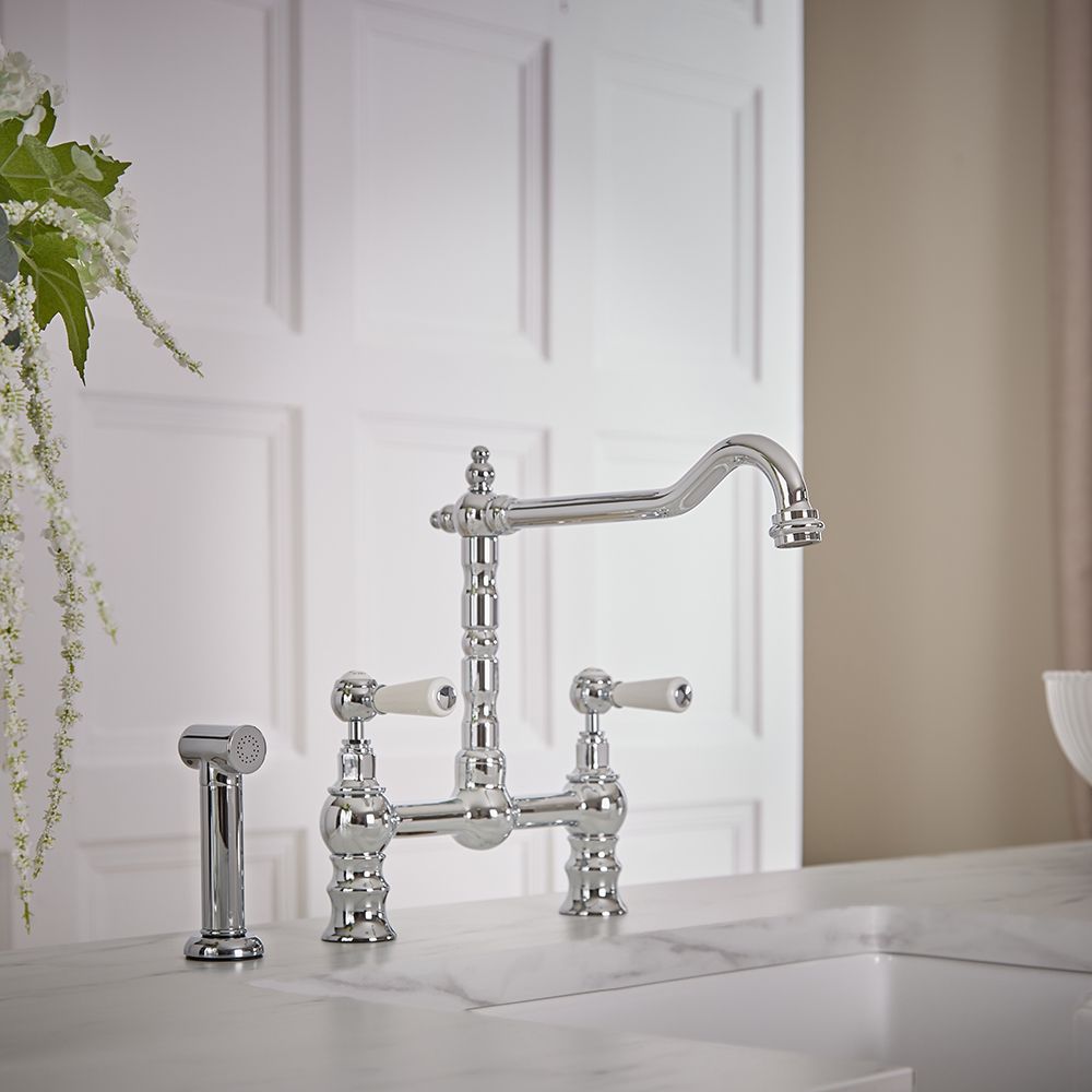 Milano Elizabeth - Classic Bridge Kitchen Mixer Tap with Pull-Out Spray - Chrome and White