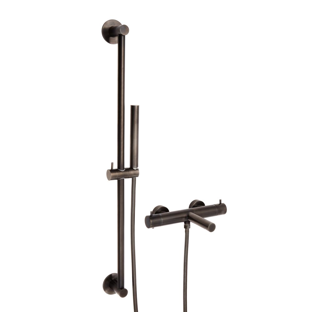 Milano Otto - Modern Round Thermostatic Bar Shower Valve with Bath Spout, Hand Shower and Riser Rail - Black Nickel