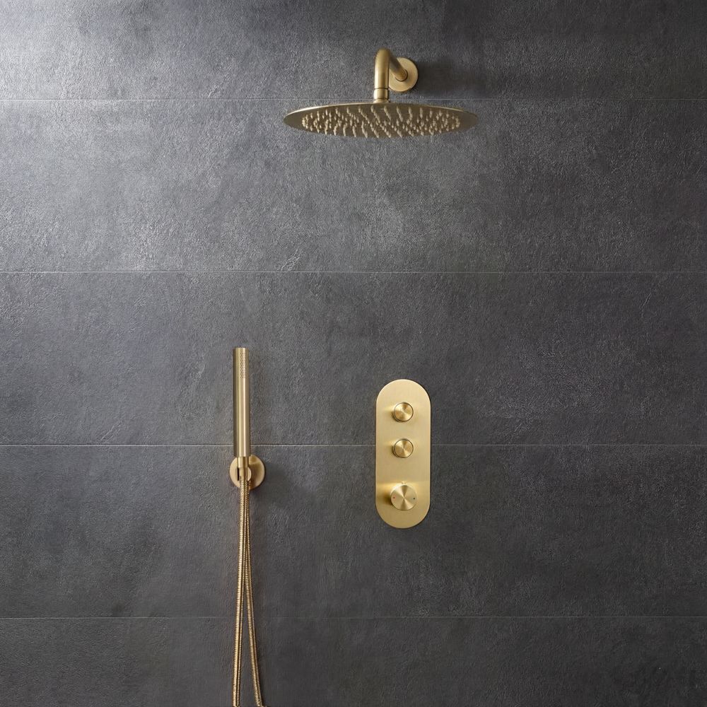 Milano Orta - Brushed Brass Push Button Thermostatic Shower with Shower Head and Hand Shower (2 Outlet)