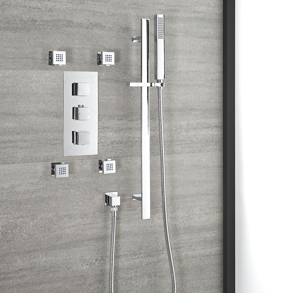 Milano Arvo - Chrome Thermostatic Shower with Riser Rail, Hand Shower and Body Jets (2 Outlet)