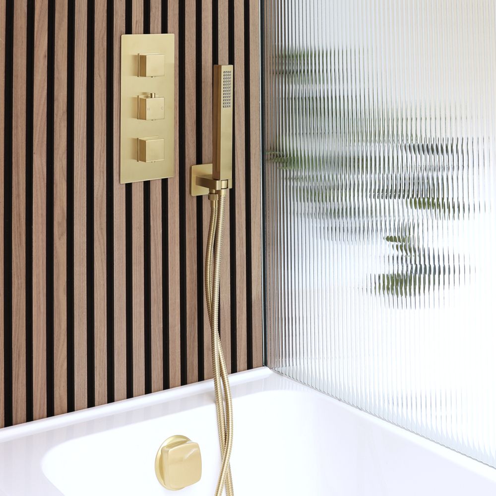 Milano Lyra - Thermostatic Shower with Hand Shower and Overflow Bath Filler (2 Outlet) - Brushed Brass