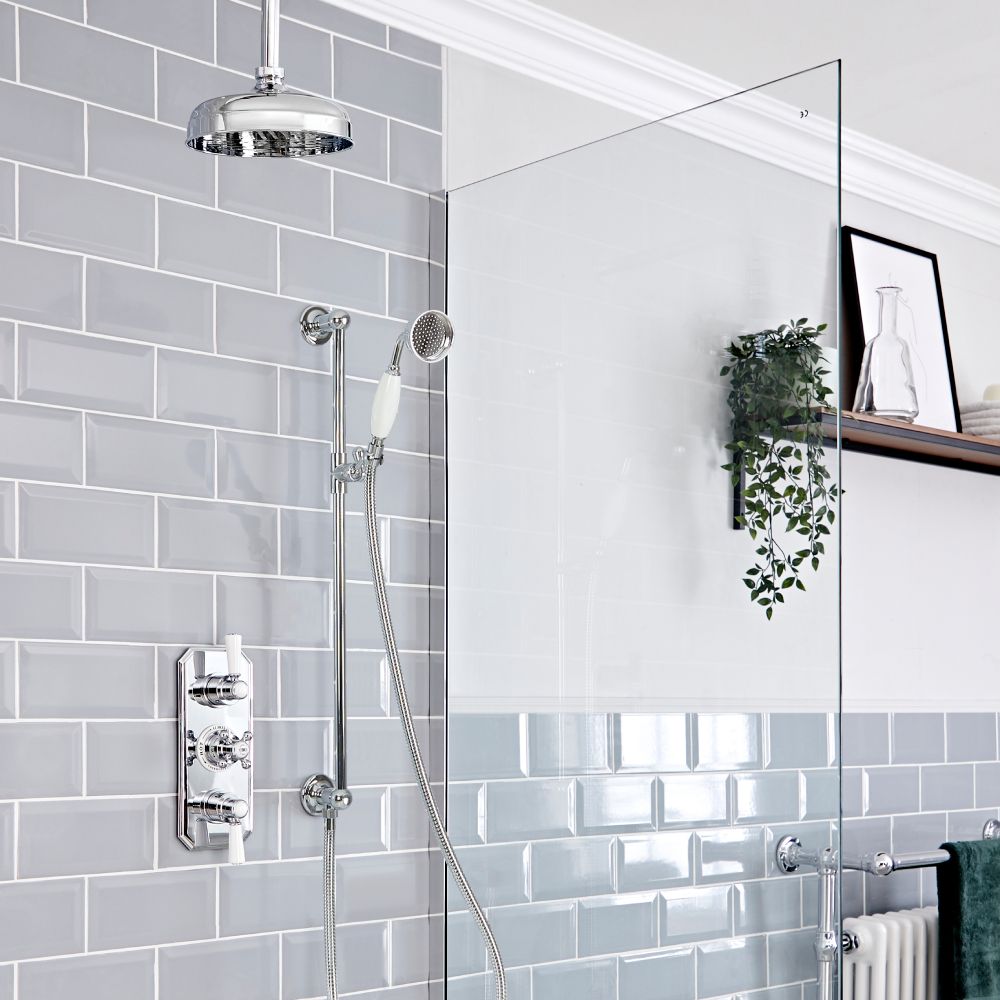 Milano Elizabeth - Chrome and White Traditional Thermostatic Shower with Ceiling Mounted Shower Head and Riser Rail (2 Outlet)