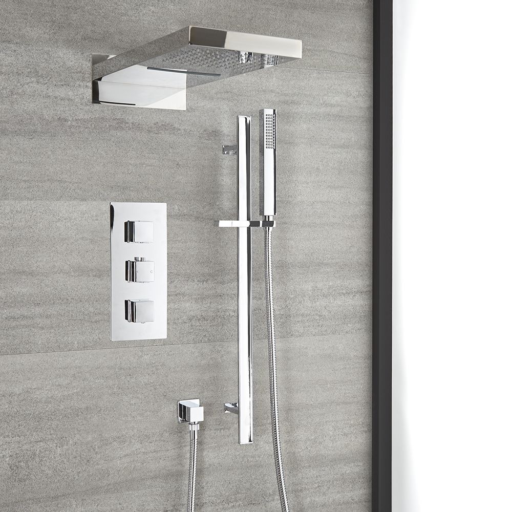 Milano Arvo - Chrome Thermostatic Shower with Diverter, Waterblade Shower Head and Riser Rail with Hand Shower (3 Outlet)