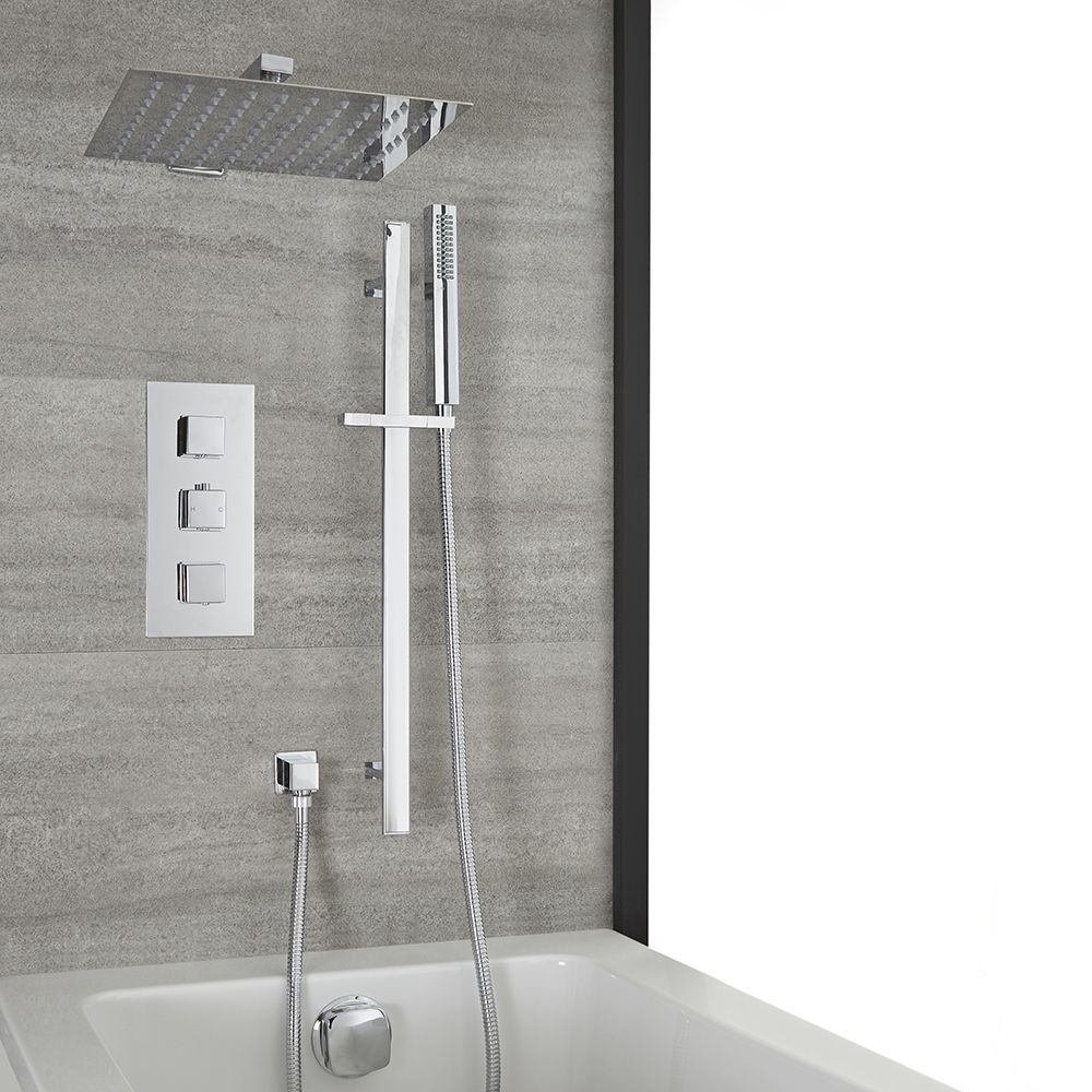 Milano Arvo - Chrome Thermostatic Shower with Diverter, Overflow Bath Filler, Shower Head, and Riser Rail with Hand Shower (3 Outlet)