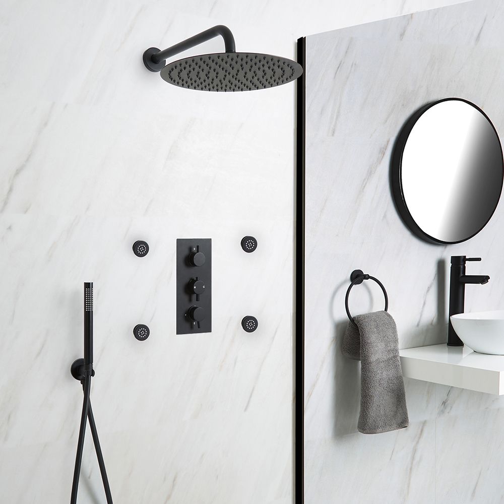 Milano Nero - Black Thermostatic Shower with Diverter, Round Shower Head, Hand Shower and Body Jets (3 Outlet)