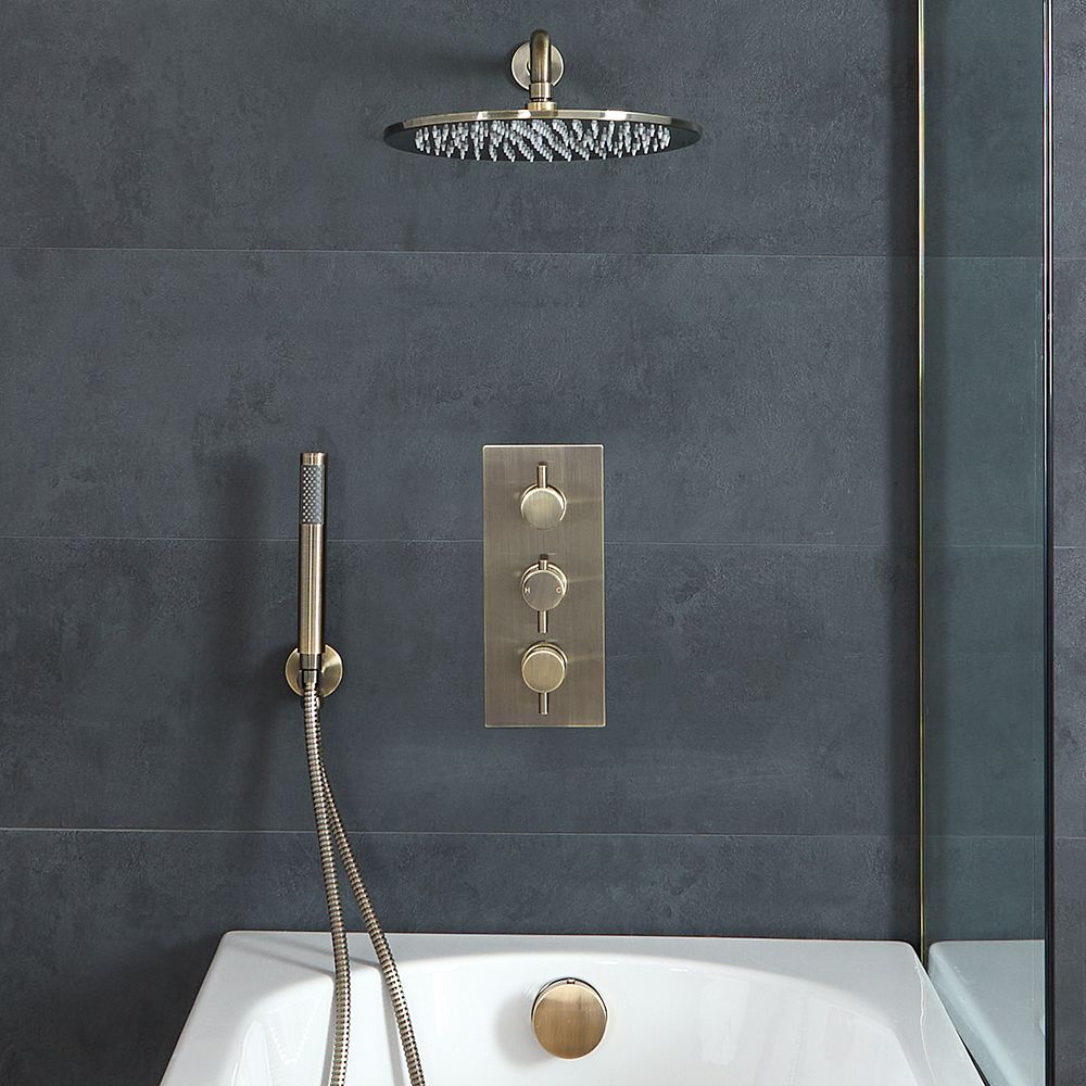 Milano Clarus - Thermostatic Shower with Diverter, Shower Head, Hand Shower and Overflow Bath Filler - Aged Gold (3 Outlet)