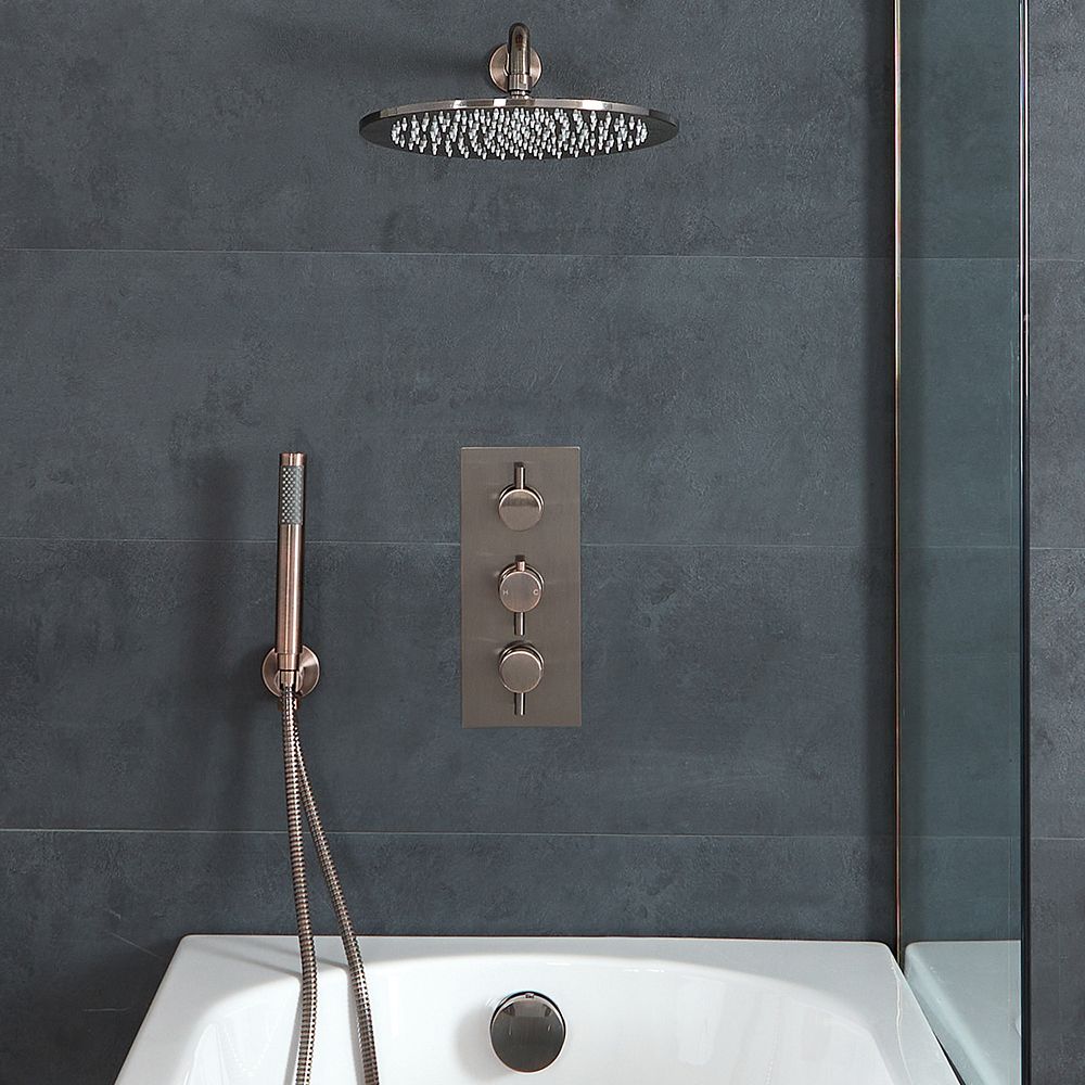 Milano Amara - Thermostatic Shower with Diverter, Shower Head, Hand Shower and Overflow Bath Filler - Aged Bronze
