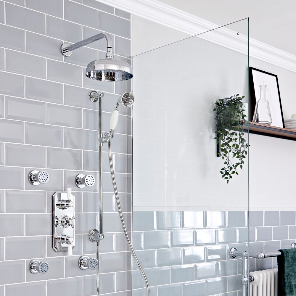 Milano Elizabeth - Chrome and White Traditional Thermostatic Shower with Diverter, Shower Head, Body Jets and Riser Rail (3 Outlet)