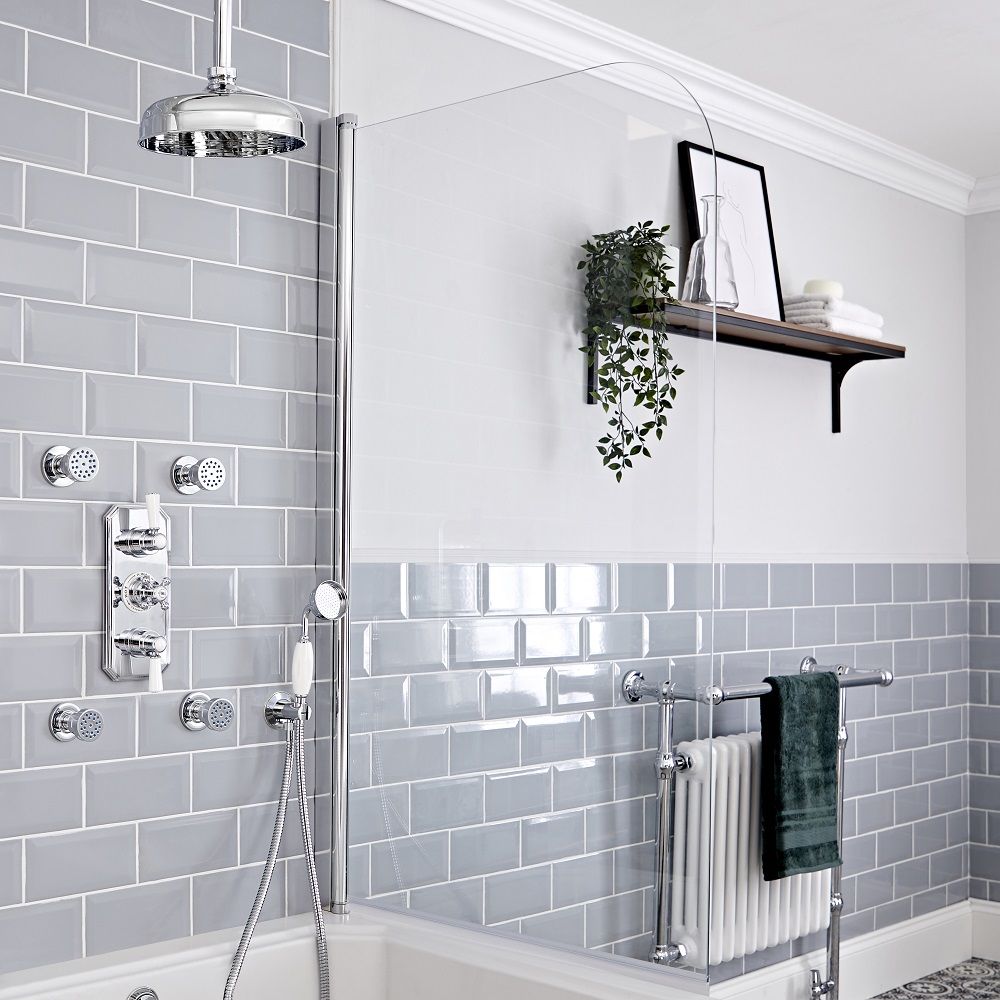 Milano Elizabeth - Chrome and White Traditional Thermostatic Shower with Diverter, Ceiling Mounted Shower Head, Hand Shower and Body Jets (3 Outlet)