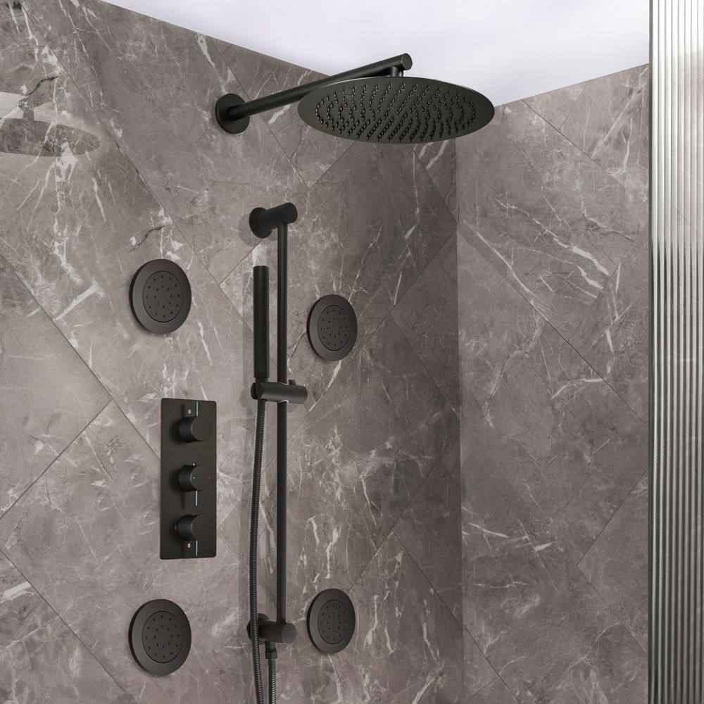 Milano Otto - Modern Thermostatic Shower with Wall Mounted Shower Head, Body Jets and Riser Rail Kit - Choice of Finish (3 Outlets)