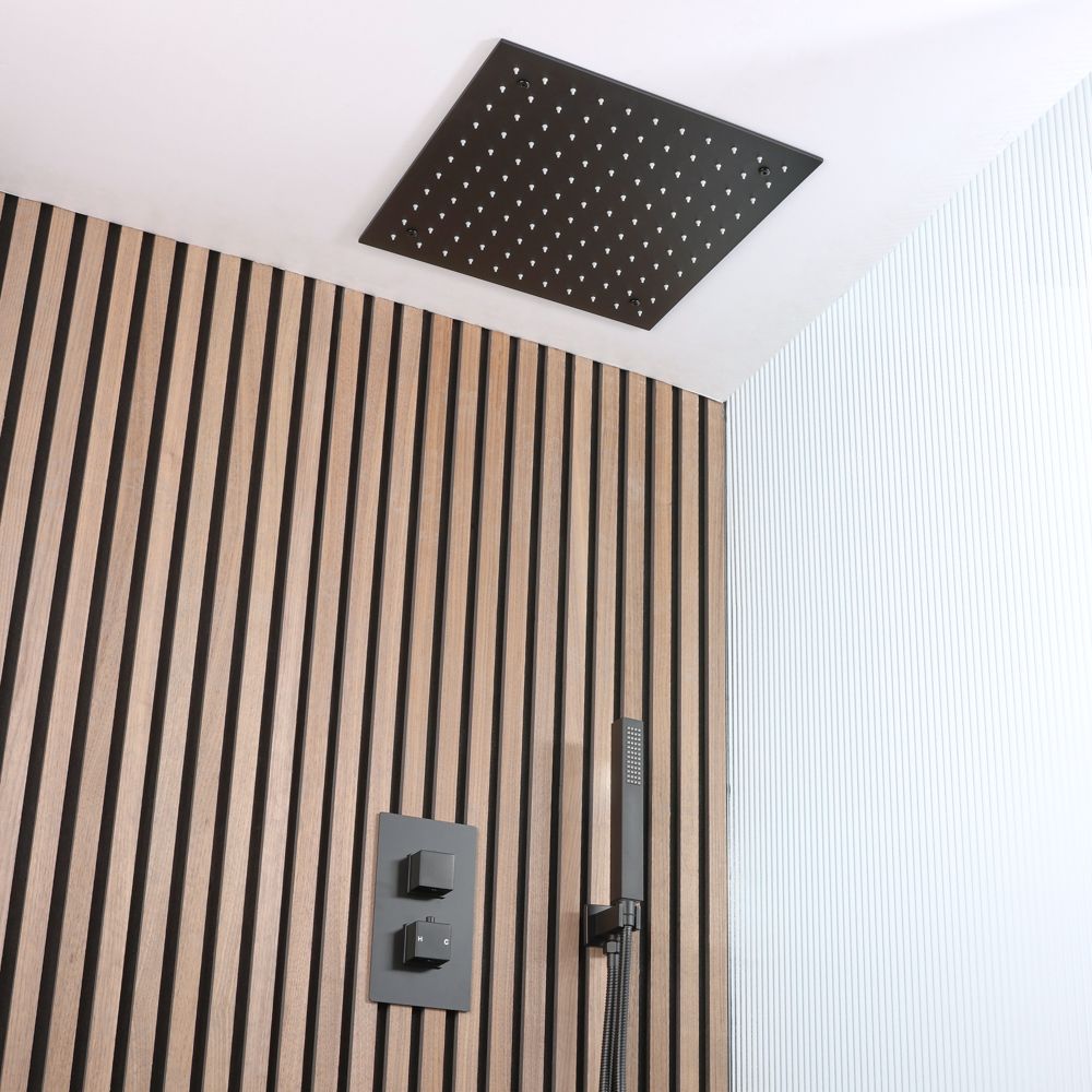 Milano Preto - Twin Diverter Thermostatic Shower Valve with 400mm Recessed Head and Hand Shower (2 Outlet) - Black