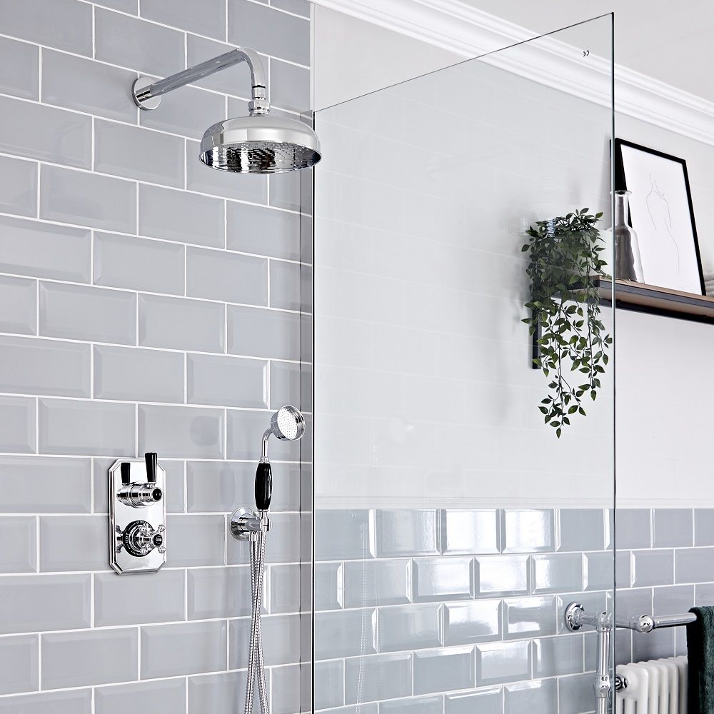 Milano Elizabeth - Chrome and Black Traditional Thermostatic Shower with Diverter, Hand Shower and Shower Head (2 Outlet)