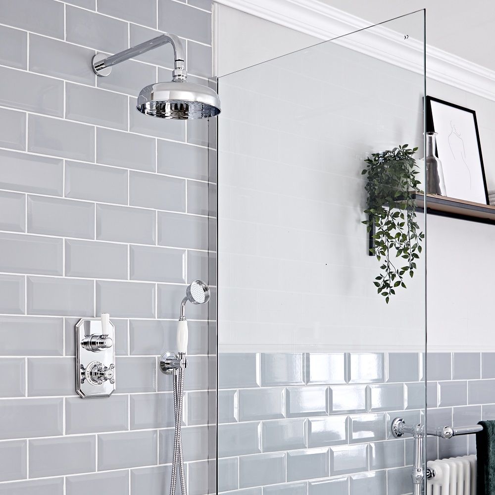 Milano Elizabeth - Chrome and White Traditional Thermostatic Shower with Diverter, Hand Shower and Shower Head (2 Outlet)