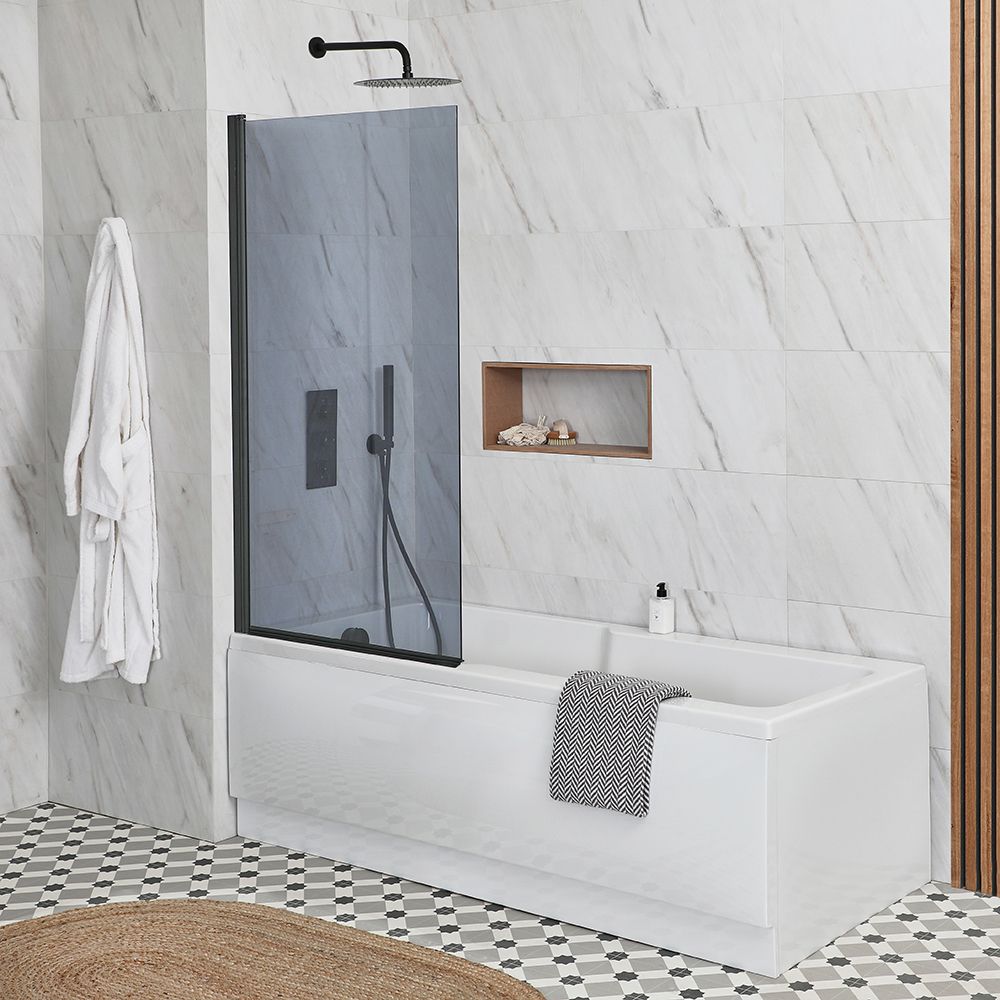 Milano Elswick - 1700mm x 750mm Standard Single Ended Shower Bath with Smoked Glass Bath Screen - Choice of Panels