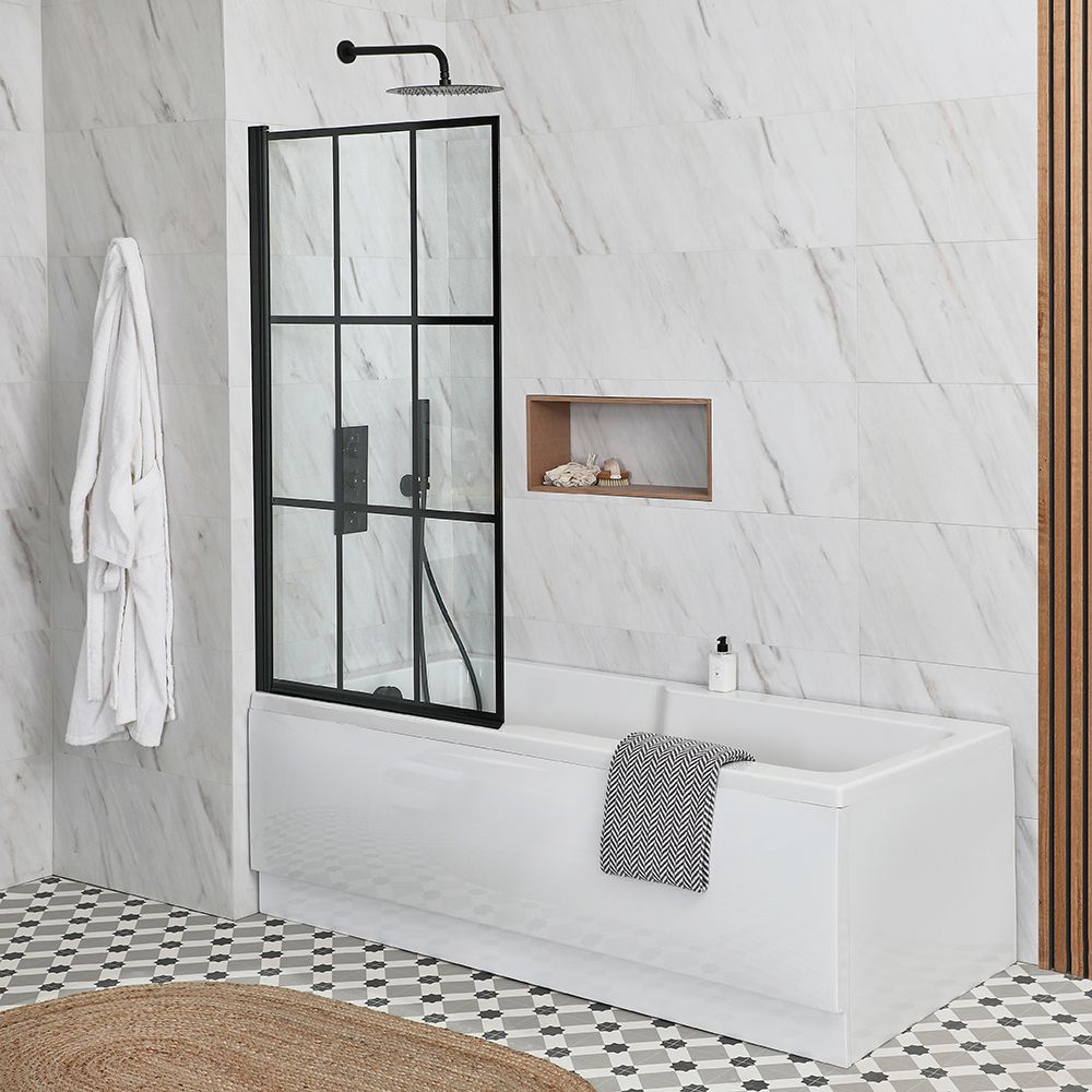 Milano Elswick - 1700mm x 750mm Standard Single Ended Shower Bath with Black Grid Bath Screen and Panels