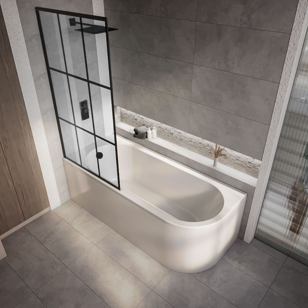 Milano Overton - 1700mm x 725mm Modern J-Shaped Corner Shower Bath with Black Grid Bath Screen - Left / Right Hand Options