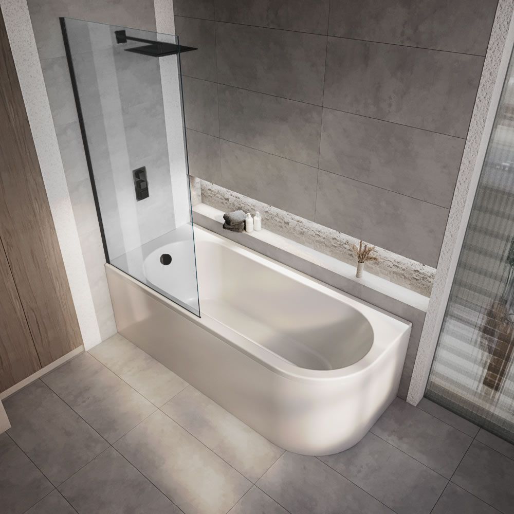 Milano Overton - 1700mm x 725mm Modern J-Shaped Corner Shower Bath with Black Bath Screen - Left / Right Hand Options