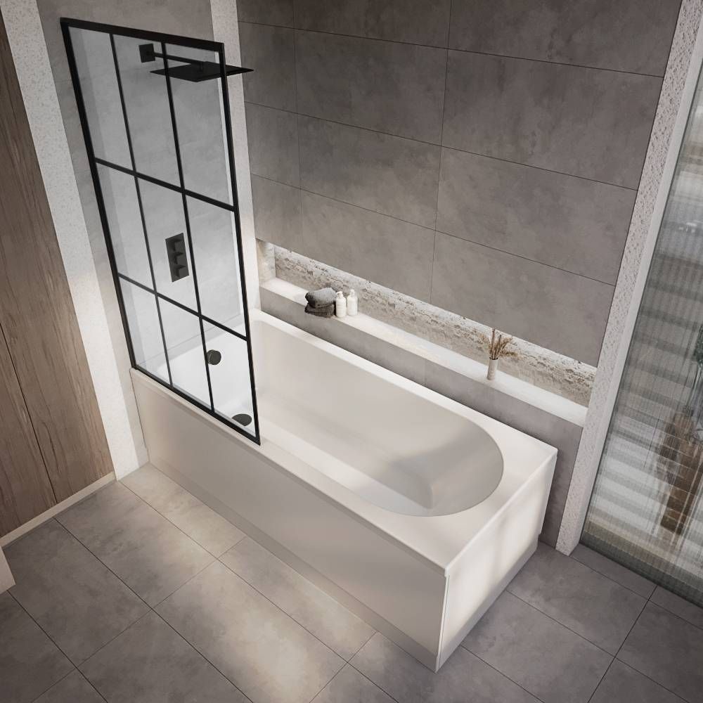 Milano Ballam - Modern Round Single Ended Shower Bath with Black Grid Bath Screen - Choice of Size and Panels