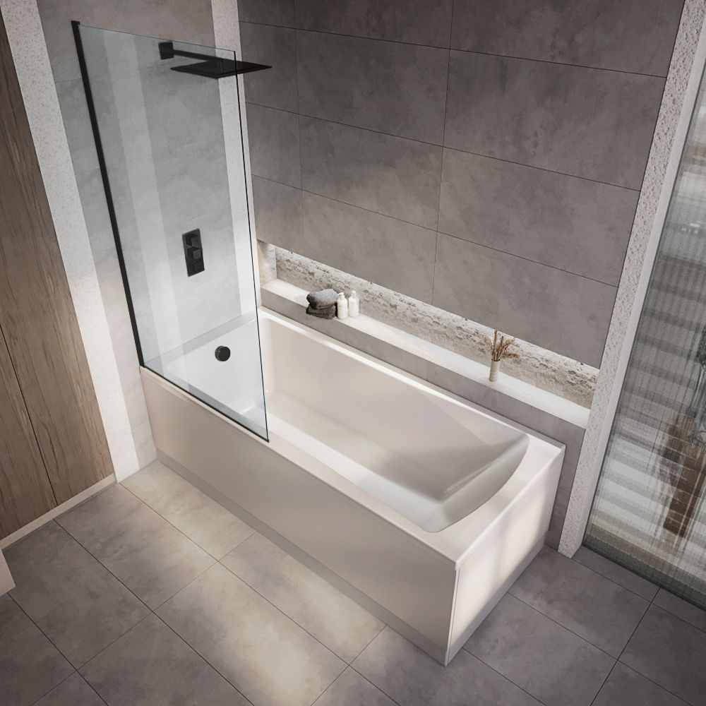 Milano Elswick - Modern Square Single Ended Shower Bath with Black Bath Screen - Choice of Size and Panels