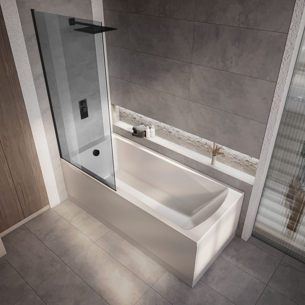 Milano Elswick - Modern Square Single Ended Shower Bath with Smoked Glass Bath Screen - Choice of Size and Panels